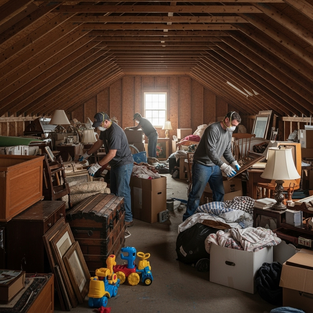 Workers clearing out a cluttered attic in NJ